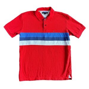 Tommy Hilfiger Men's Red Blue White Striped Short Sleeve Polo Shirt Size L G